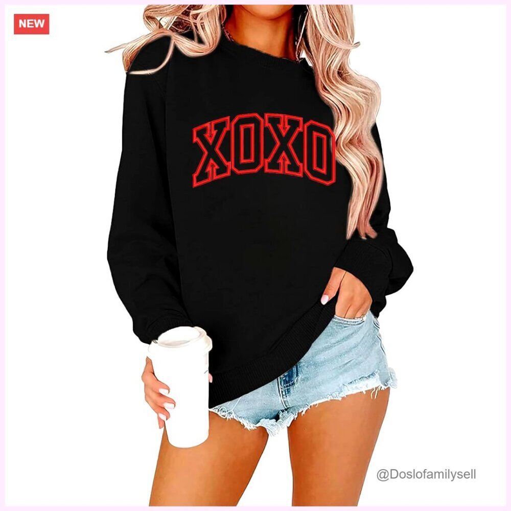 Valentine Embroidered Striped Sweatshirt Long Sleeve Top Cozy Ribbed Knit